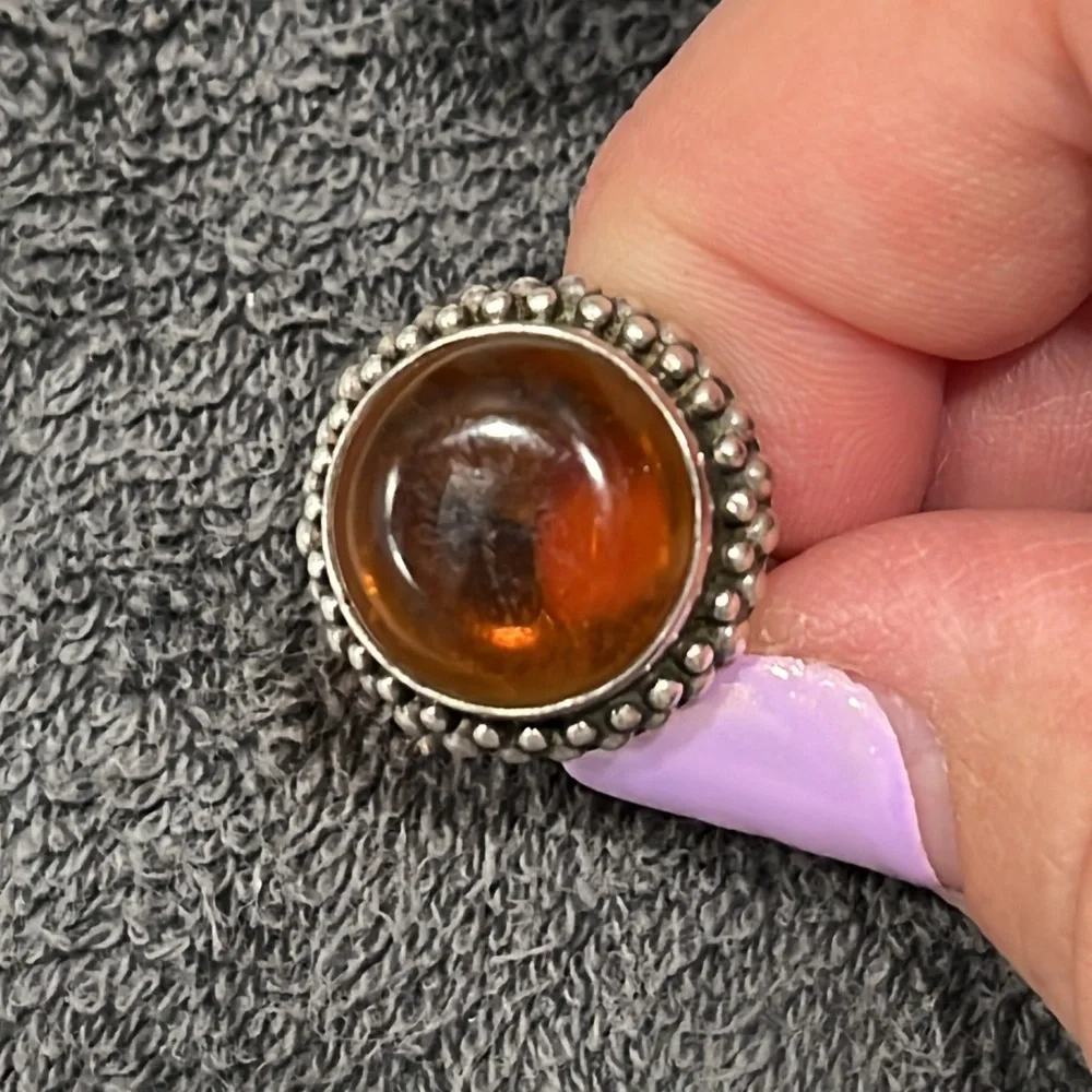 Sterling Silver Amber ring, Size 8, Vintage